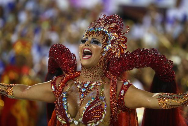 Drum queen Viviane Araujo from Salgueiro samba school performs during the first night of the Carnival parade in Rio de Janeiro