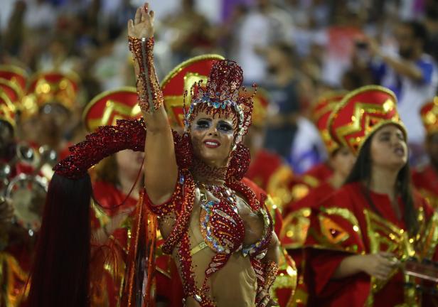 Drum queen Viviane Araujo from Salgueiro samba school performs during the first night of the Carnival parade in Rio de Janeiro