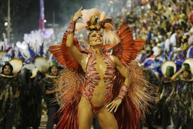 Drum queen Juliana Paes from Grande Rio Samba school performs during the first night of the Carnival parade at the Sambadrome in Rio de Janeiro