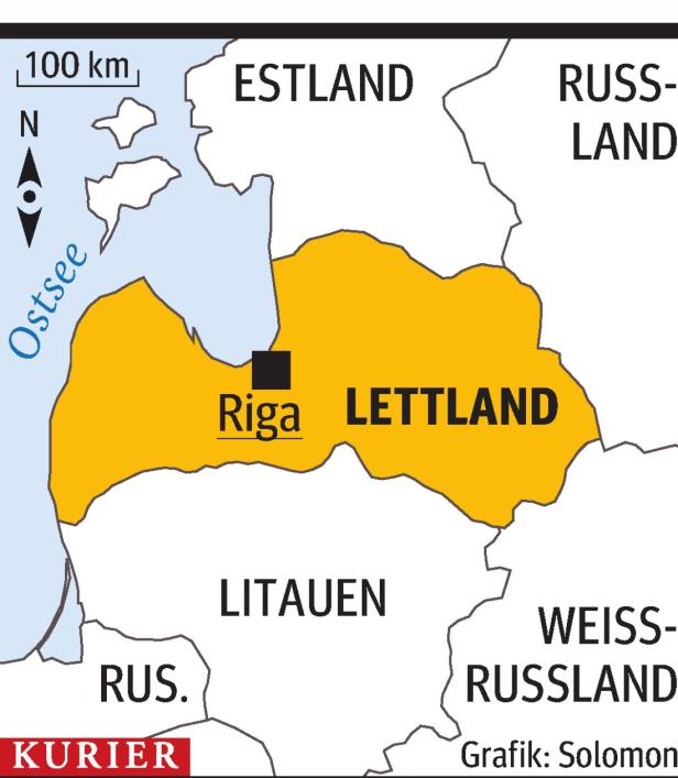 Eine Karte von Lettland, hervorgehoben in Gelb, mit der Hauptstadt Riga.