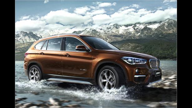 Ein brauner BMW X1 fährt durch flaches Wasser vor einer Bergkulisse.