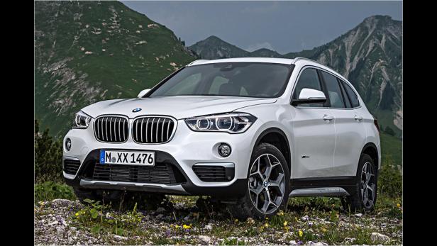 Ein weißer BMW X1 steht vor einer Bergkulisse.