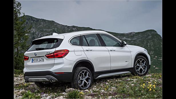 Ein weißer BMW X1 steht in einer bergigen Landschaft.