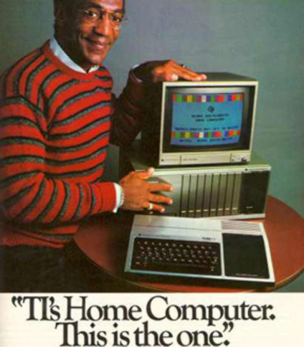 Bill Cosby präsentiert den „TI's Home Computer“ in einer Werbung.