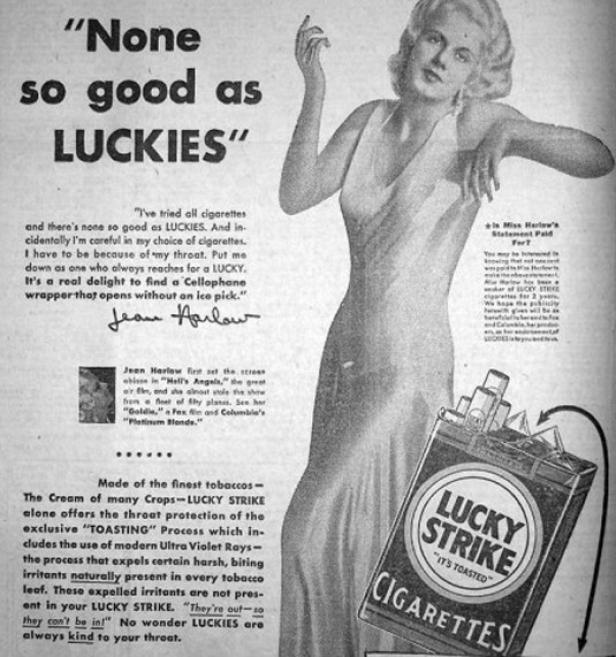 Eine Anzeige für Lucky Strike Zigaretten mit der Schauspielerin Jean Harlow.
