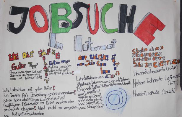 Ein handgezeichnetes Plakat zum Thema Jobsuche mit Tipps und Links zu Online-Stellenmärkten.