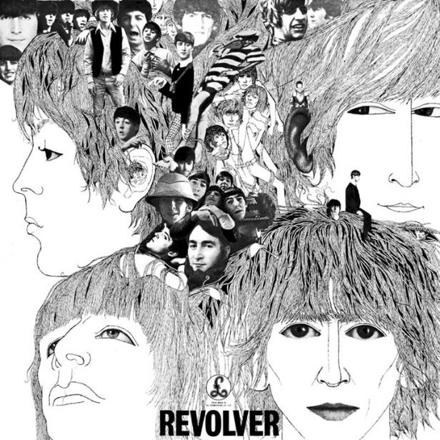 Das Cover des Beatles-Albums „Revolver“ zeigt eine Collage aus Zeichnungen und Fotos der Bandmitglieder.
