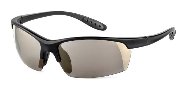 Eine schwarze Sportsonnenbrille mit verspiegelten Gläsern.
