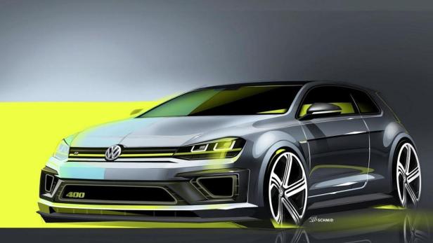 Eine Illustration eines grauen VW Golf 400 mit gelben Akzenten.