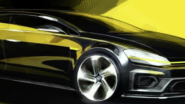 Eine Skizze eines schwarzen Volkswagen Golf mit gelben Akzenten.