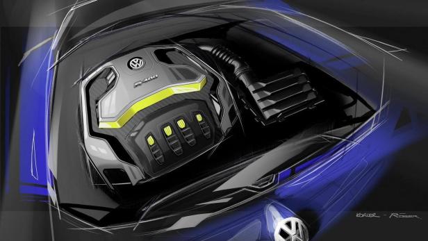 Eine Skizze des Motors eines VW R400 mit gelben Akzenten.