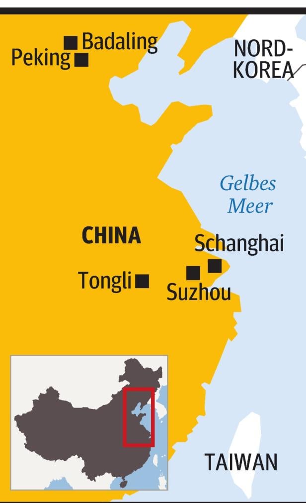 Eine Karte von China mit Peking, Schanghai, Suzhou und dem Gelben Meer.
