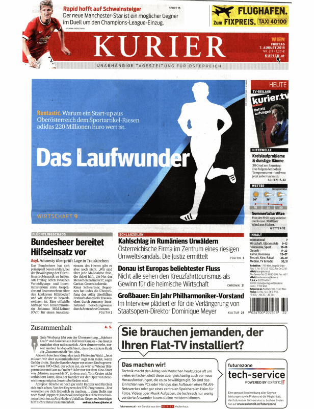 Titelseite des Kurier vom 7. August 2015 mit dem Titel „Das Laufwunder“.