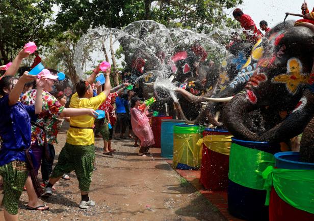 Thailand feiert buddhistisches Neujahrsfest mit bunt bemalten Elefanten