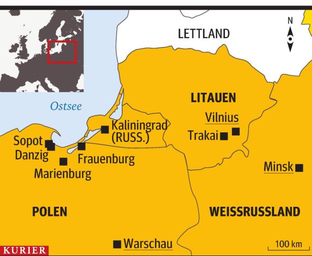 Eine Karte der Ostseeanrainerstaaten Polen, Litauen, Lettland, Weissrussland und der russischen Exklave Kaliningrad.