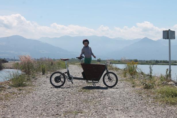 Die Rheinmündung: Kind in Lasten-Fahrrad mit Fahrradhelm, am Bodensee, im Hintergrund See und Berge