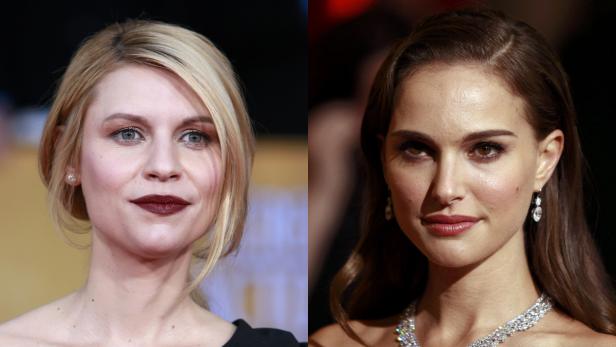 Ein Doppelporträt von Claire Danes und Natalie Portman auf einem roten Teppich.
