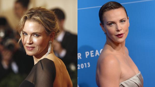 Ein Doppelporträt von Renée Zellweger und Charlize Theron auf dem roten Teppich.