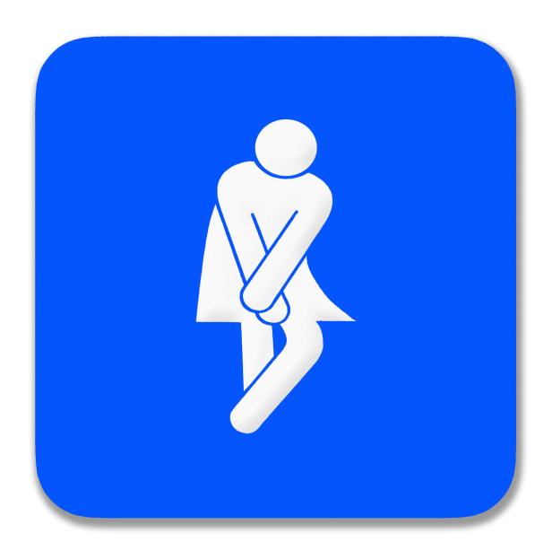 Ein Piktogramm auf blauem Grund, das eine Frau mit Harndrang darstellt.