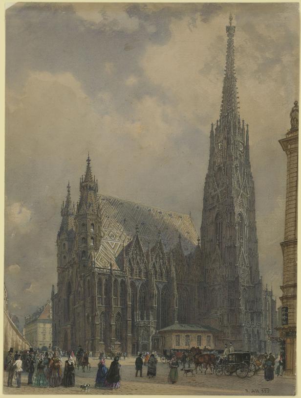 Der Stephansdom in Wien mit Menschen und Kutschen davor.