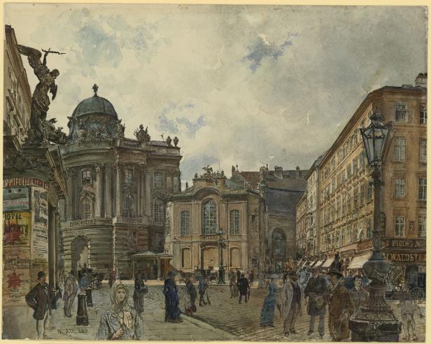 Aquarell einer belebten Straße in Wien mit historischen Gebäuden und Passanten.