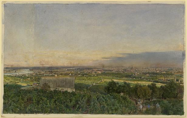 Aquarell einer Landschaft mit Blick auf Wien von einem Weinberg aus.