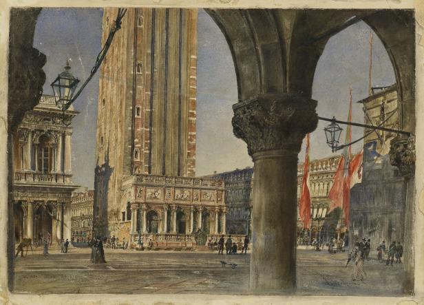 Aquarell des Markusplatzes in Venedig mit dem Campanile und Menschen.