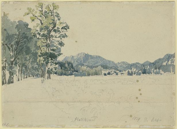 Aquarell von Hellbrunn mit Bäumen und Bergen im Hintergrund.