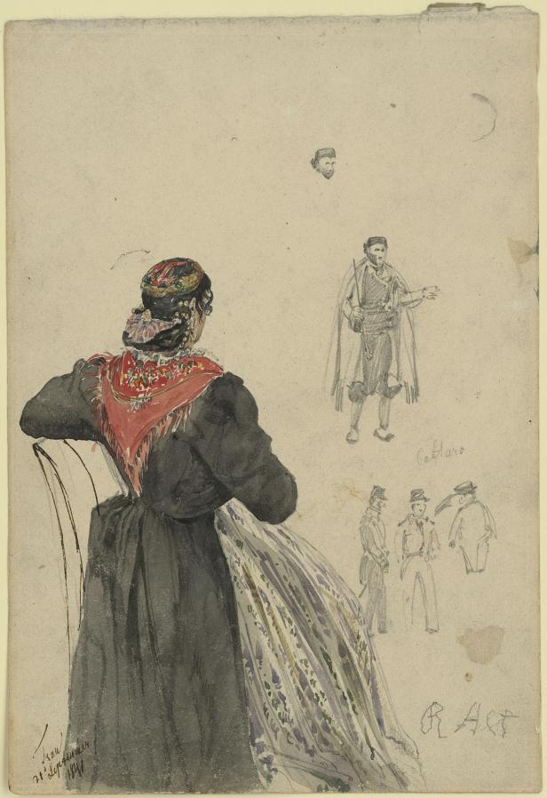 Eine Frau mit rotem Tuch und traditioneller Kleidung, umgeben von Skizzen von Männern.