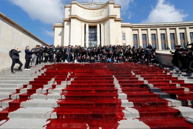 Protest gegen Artensterben: Hunderte Liter Kunstblut vor Eiffelturm