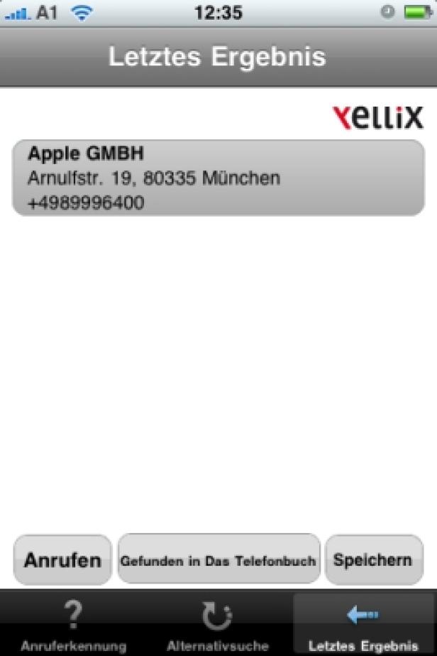 Ein Screenshot der Yellix-App mit den Kontaktdaten von Apple GMBH in München.