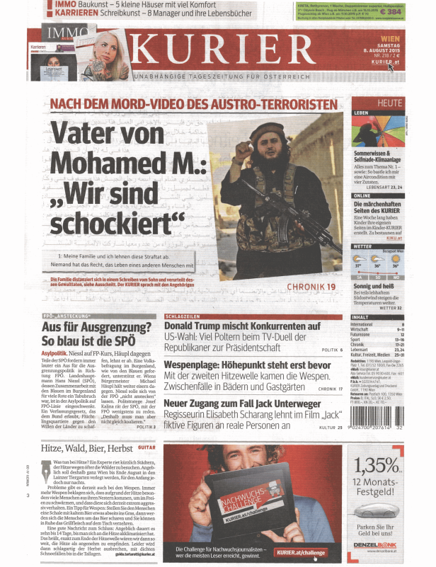 Titelseite des Kurier vom 8. August 2015 mit dem Titel „Vater von Mohamed M.: Wir sind schockiert“.