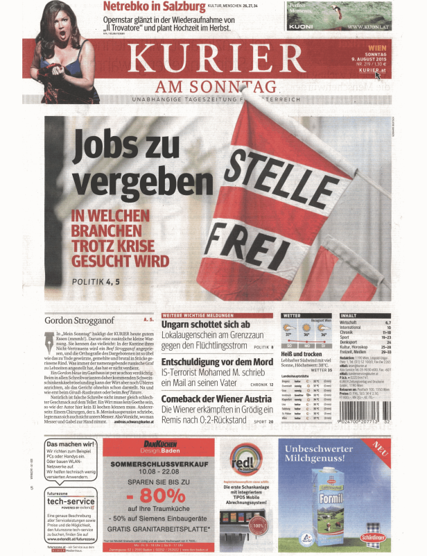 Titelseite der Zeitung „Kurier am Sonntag“ vom 9. August 2015.