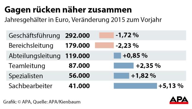 Eine Grafik zeigt die Veränderung der Jahresgehälter in Euro im Jahr 2015 im Vergleich zum Vorjahr für verschiedene Positionen.