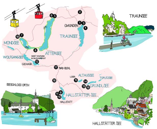 Eine illustrierte Karte der Seenregion Salzkammergut mit Traunsee, Hallstätter See und Mondsee.