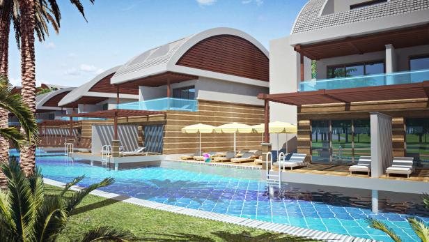 Ein Resort mit Villen, die direkten Zugang zu einem Pool bieten.