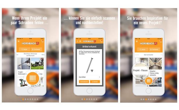 Hornbach-App - Ansicht - Triptychon 1 Screenshots der Hornbach-App auf einem Smartphone, die das Scannen und Bestellen von Artikeln zeigen.