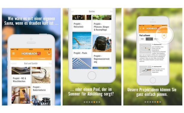 Hornbach-App - Ansicht - Triptychon 2 Screenshots der Hornbach-App mit Projektideen für Sauna, Garten und Pool.