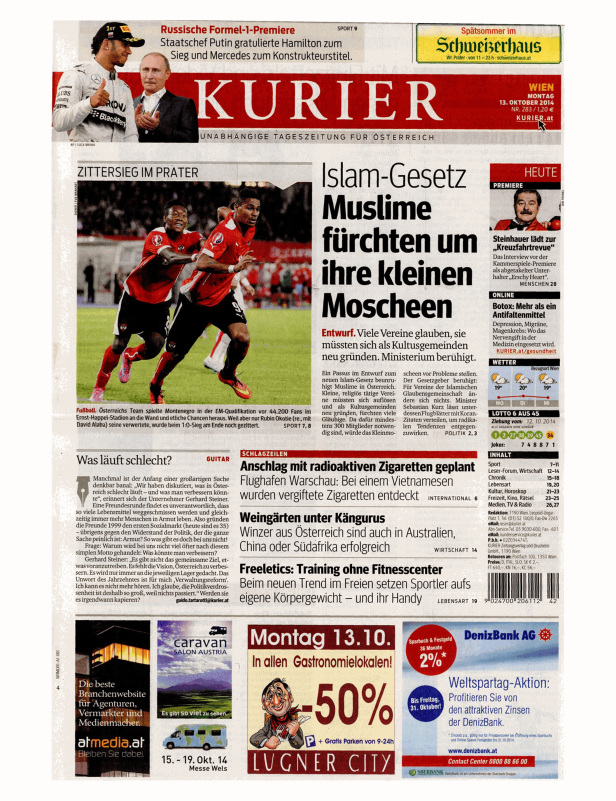Titelseite der Zeitung „Kurier“ vom 13. Oktober 2014 mit verschiedenen Artikeln und Anzeigen.