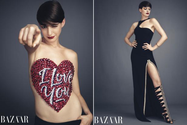 Anne Hathaway in zwei verschiedenen Posen für Harper's Bazaar.