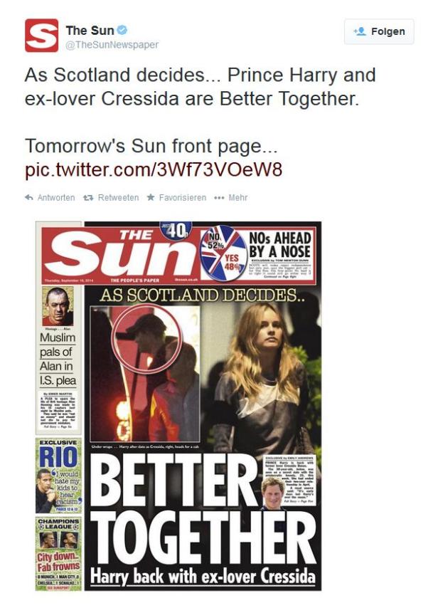 The Sun twitterte das Titelblatt ihrer Printausgabe mit dem Foto Titelseite der „The Sun“ vom 18. September 2014 mit Prinz Harry und Cressida Bonas.