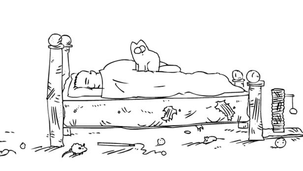 Eine Katze sitzt auf einer schlafenden Person in einem unordentlichen Schlafzimmer.