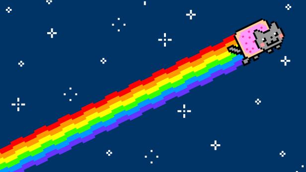 Nyan Cat, eine Pixelkatze mit einem Pop-Tart-Körper, fliegt mit einem Regenbogen durch den Weltraum.