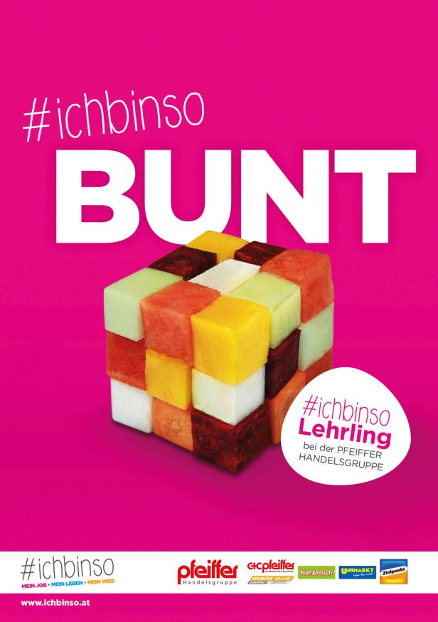 Ein Würfel aus Fruchtwürfeln vor pinkfarbenem Hintergrund mit dem Slogan #ichbinso BUNT.