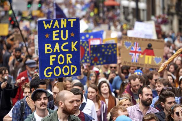Eine Demonstration mit einem Schild, das „Want EU back for good“ zeigt.