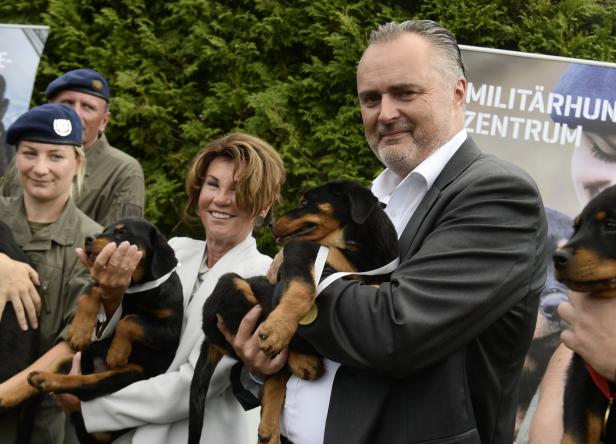 Kanzlerin Bierlein ist stolze Patin von zwei Militärhundewelpen