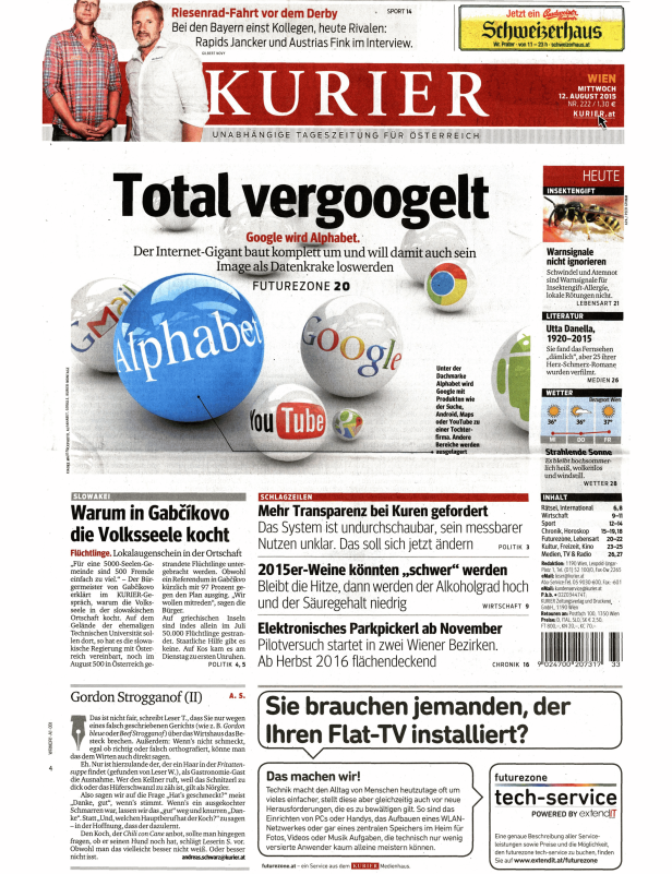 Titelseite des Kurier vom 12. August 2015 mit der Schlagzeile „Total vergoogelt“.
