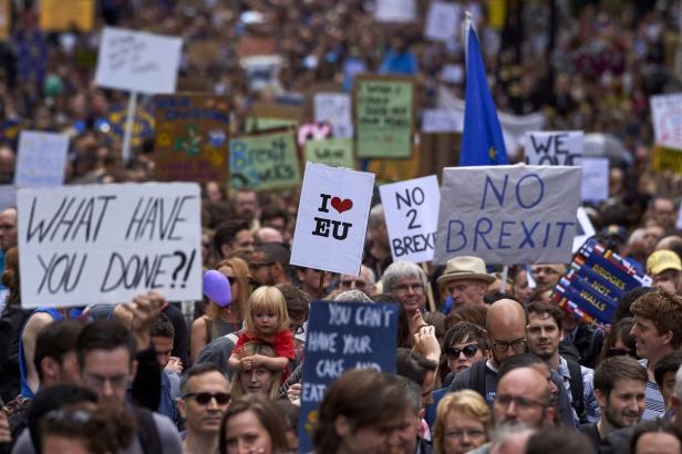 Eine Menschenmenge demonstriert mit Schildern gegen den Brexit.