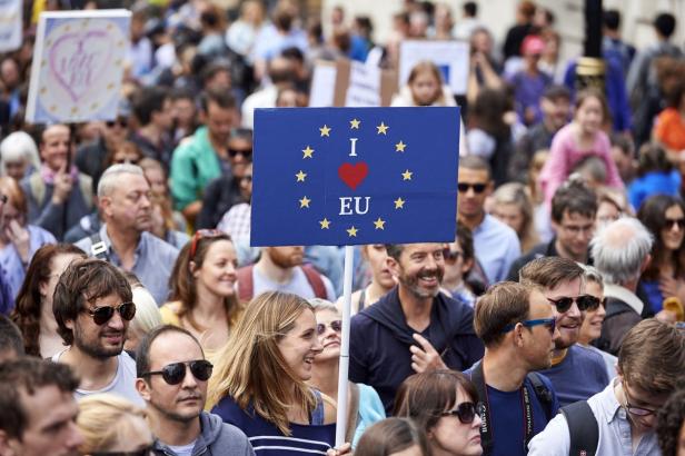 Eine Menschenmenge demonstriert mit EU-Flaggen und Schildern.