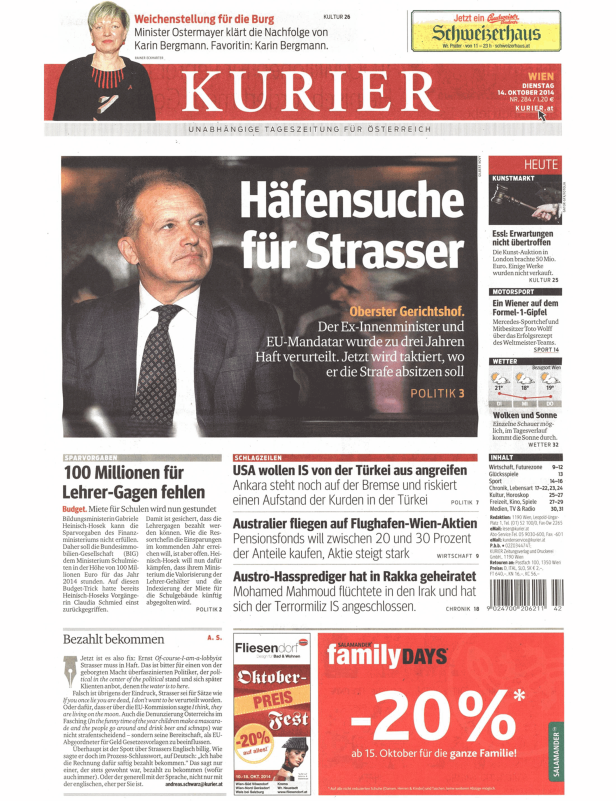 Titelseite des Kurier vom 14. Oktober 2014 mit dem Titel „Häfensuche für Strasser“.